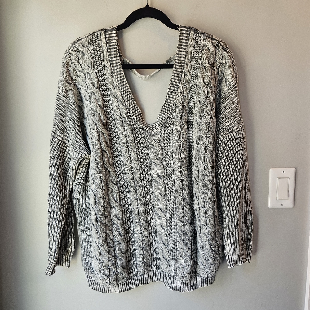 Boho Chic V-Neck Grey Slouchy Relaxed Cable Knit Sweater